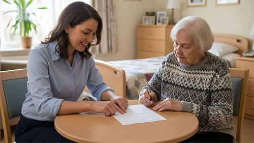 Mobile notary helping a client sign documents at home in Clark County, WA